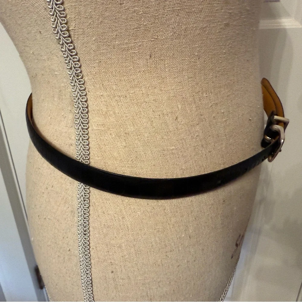 LAUREN RALPH LAUREN LRL BELT BLACK LEATHER CROC LOOK SILVER TONE BUCKLE SKINNY S